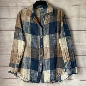 La Miel Plaid Button Up Shirt Frayed Hem Textured Blue Cream Tan Oversize Size M